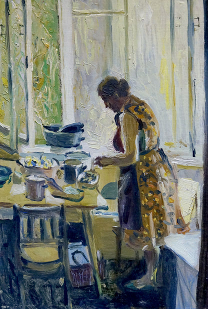 Back view oil painting of mom in kitchen by Bazylev Nikolay Ivanovich