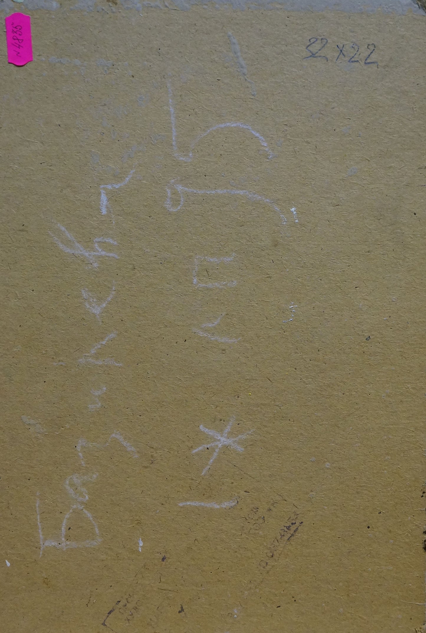 Back of oil painting Mom in the kitchen by Bazylev Nikolay Ivanovich with beige textured surface, chalk markings, pink note