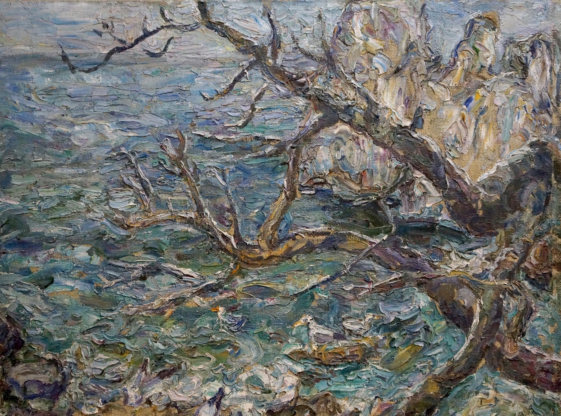 Oil painting Sea in Winter by Sorokina Natalia Tikhonovna, gnarled branches over turbulent water