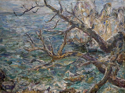 Oil painting Sea in Winter by Sorokina Natalia Tikhonovna, gnarled branches over turbulent water
