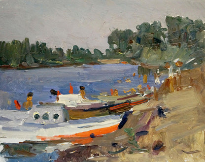 Oil painting by Maksimenko Alexander Grigorievich: vibrant riverside boats
