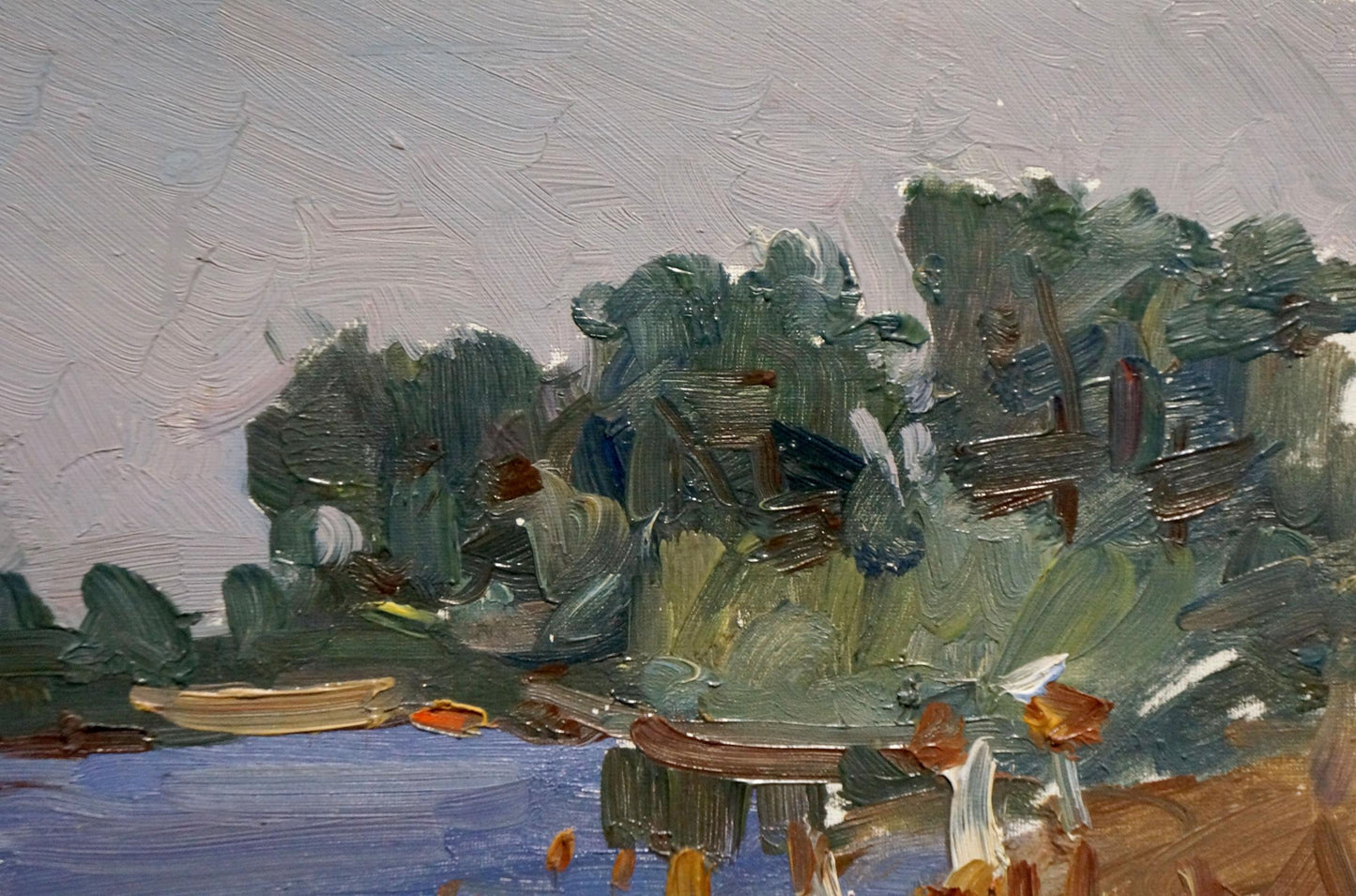 Oil painting by Maksimenko Alexander Grigorievich: serene lakeside with boats