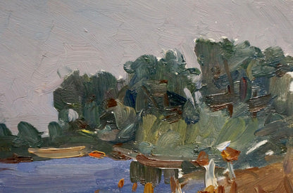 Oil painting by Maksimenko Alexander Grigorievich: serene lakeside with boats