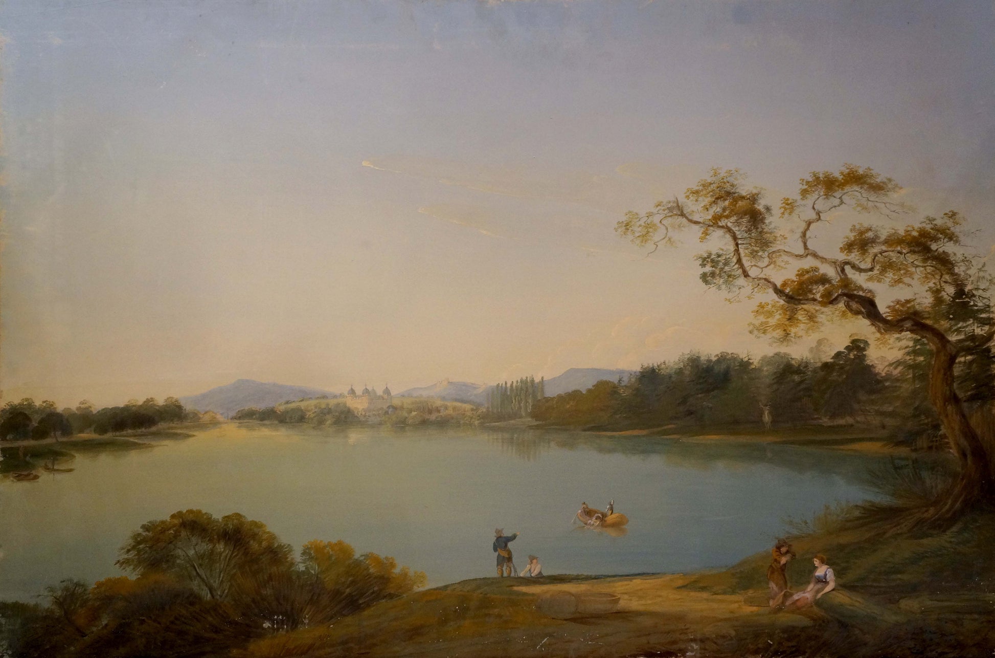 Oil painting of people by serene lake with hills in warm light