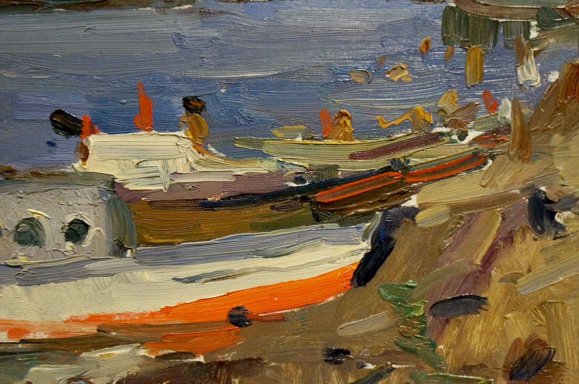 Oil painting of vibrant orange white boat on textured shoreline by Maksimenko Alexander Grigorievich