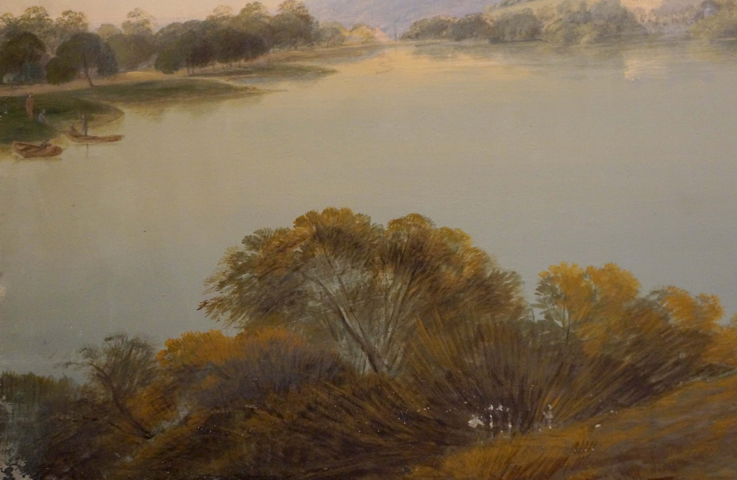Serene watercolor river landscape with autumn trees and people by lake oil painting