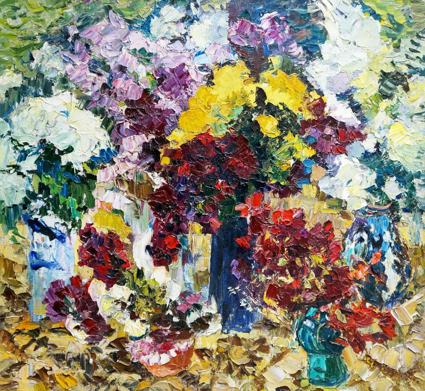 Vibrant impressionist oil painting of colorful bouquet in vases by Evgeny Shapovalov