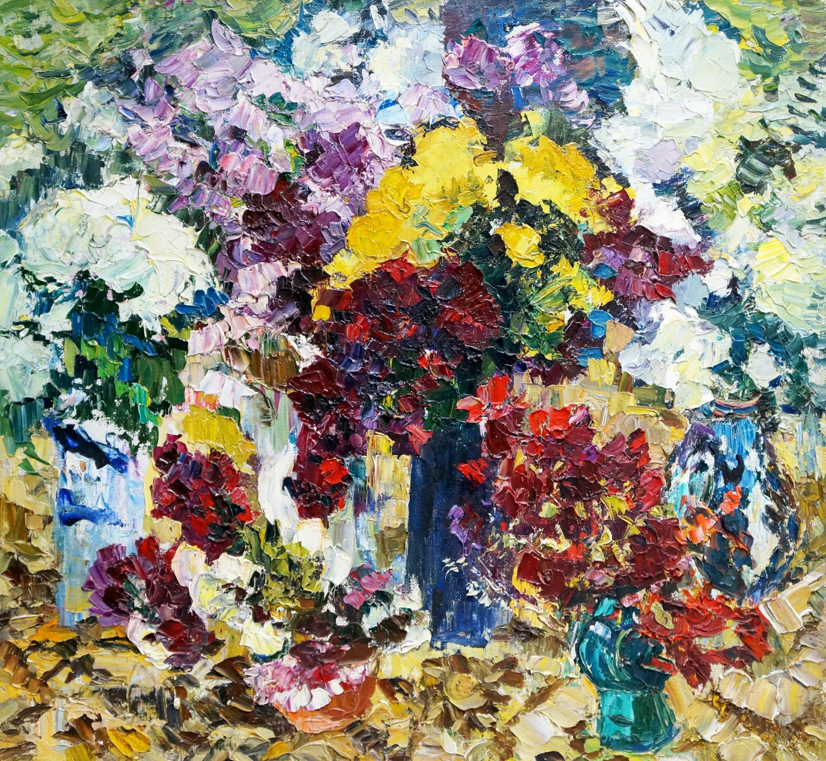 Vibrant impressionist oil painting of colorful bouquet in vases by Evgeny Shapovalov