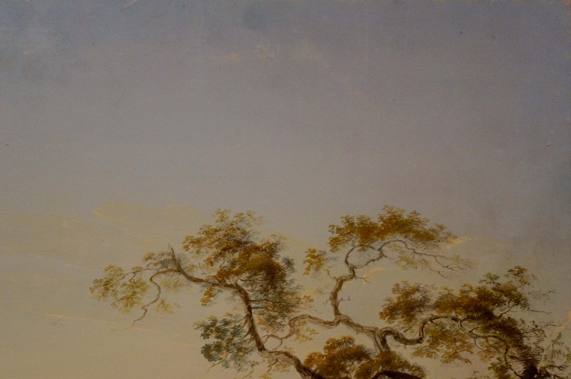 Oil painting of people by lake with painted tree, twisting branches, golden-green foliage, pale sky
