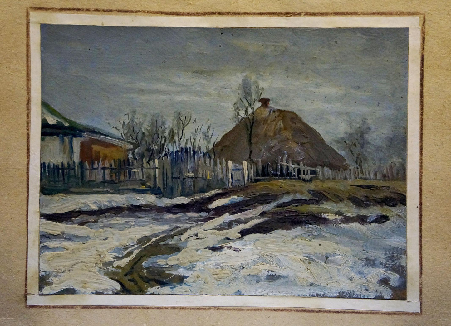 Oil painting Winter day: rustic winter landscape with thatched roof and bare trees