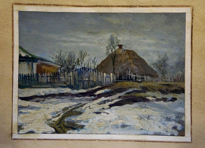 Oil painting Winter day: rustic winter landscape with thatched roof and bare trees