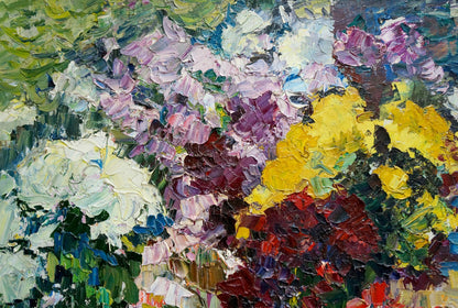 Vibrant oil painting of lush flowers by Evgeny Shapovalov