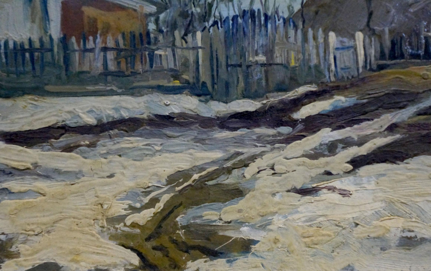 Oil painting Winter day: textured snowy landscape with visible brushstrokes