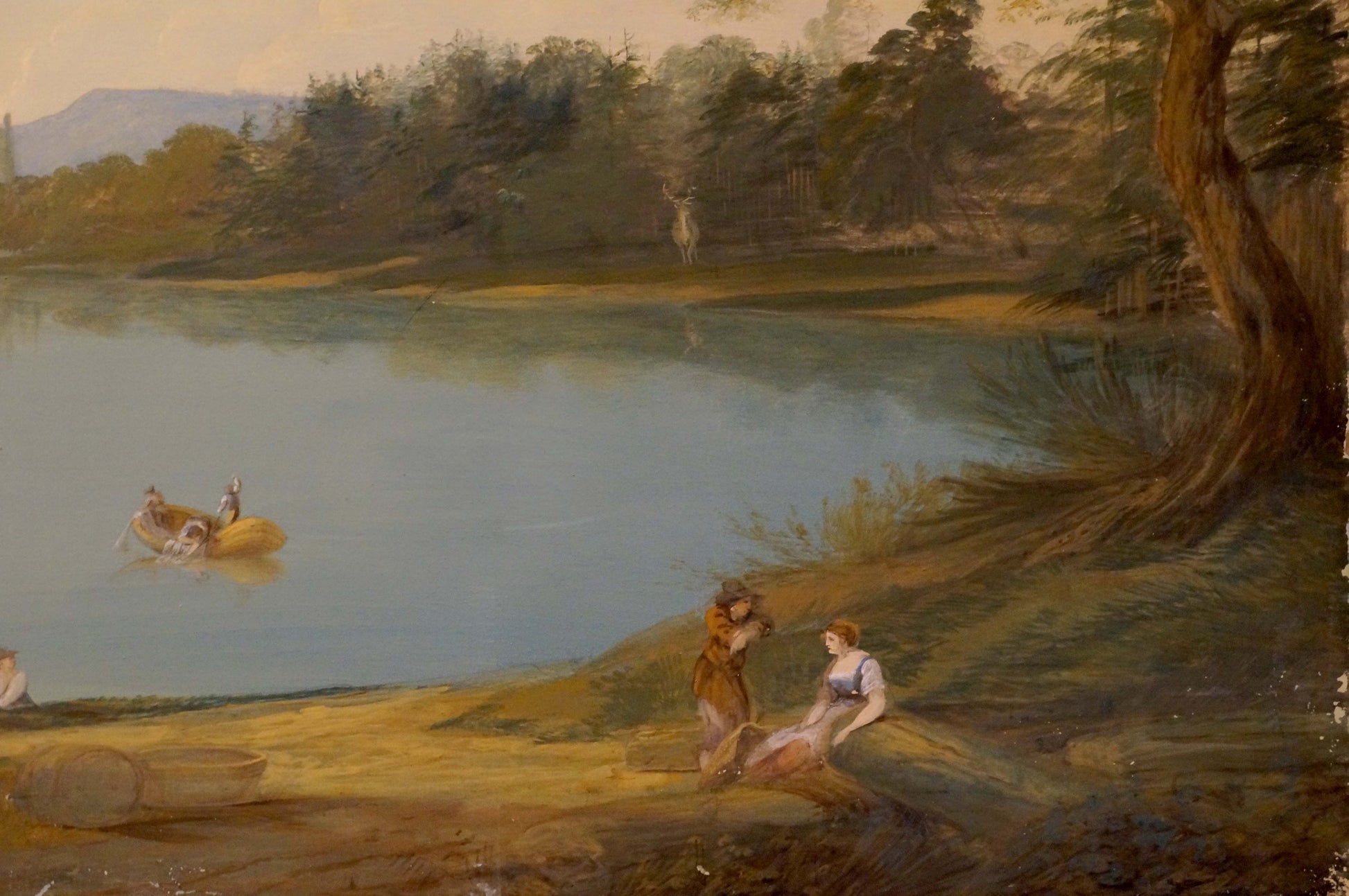 Serene oil painting of people by tranquil lakeside in earthy tones