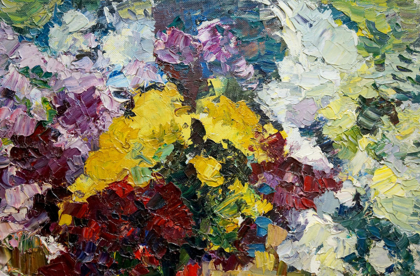 Vibrant oil painting of colorful flowers by Evgeny Shapovalov