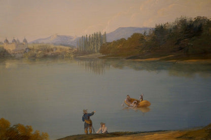 Serene oil painting of people by tranquil lake with mountains and boat