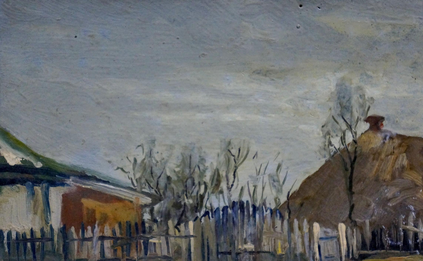 Rustic oil painting of winter day in rural scene with earth tones