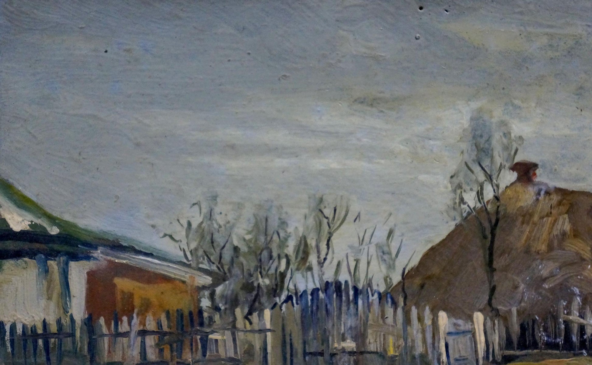 Rustic oil painting of winter day in rural scene with earth tones