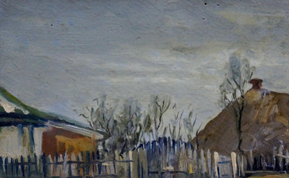 Rustic oil painting of winter day in rural scene with earth tones
