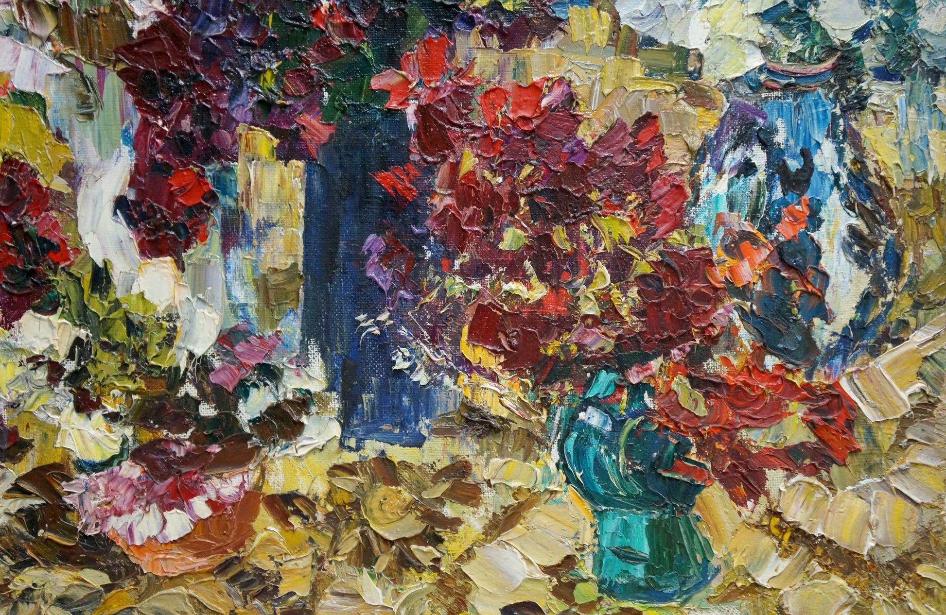 Oil painting by Evgeny Shapovalov: vibrant red purple flowers in teal vase