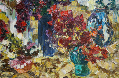 Oil painting by Evgeny Shapovalov: vibrant red purple flowers in teal vase