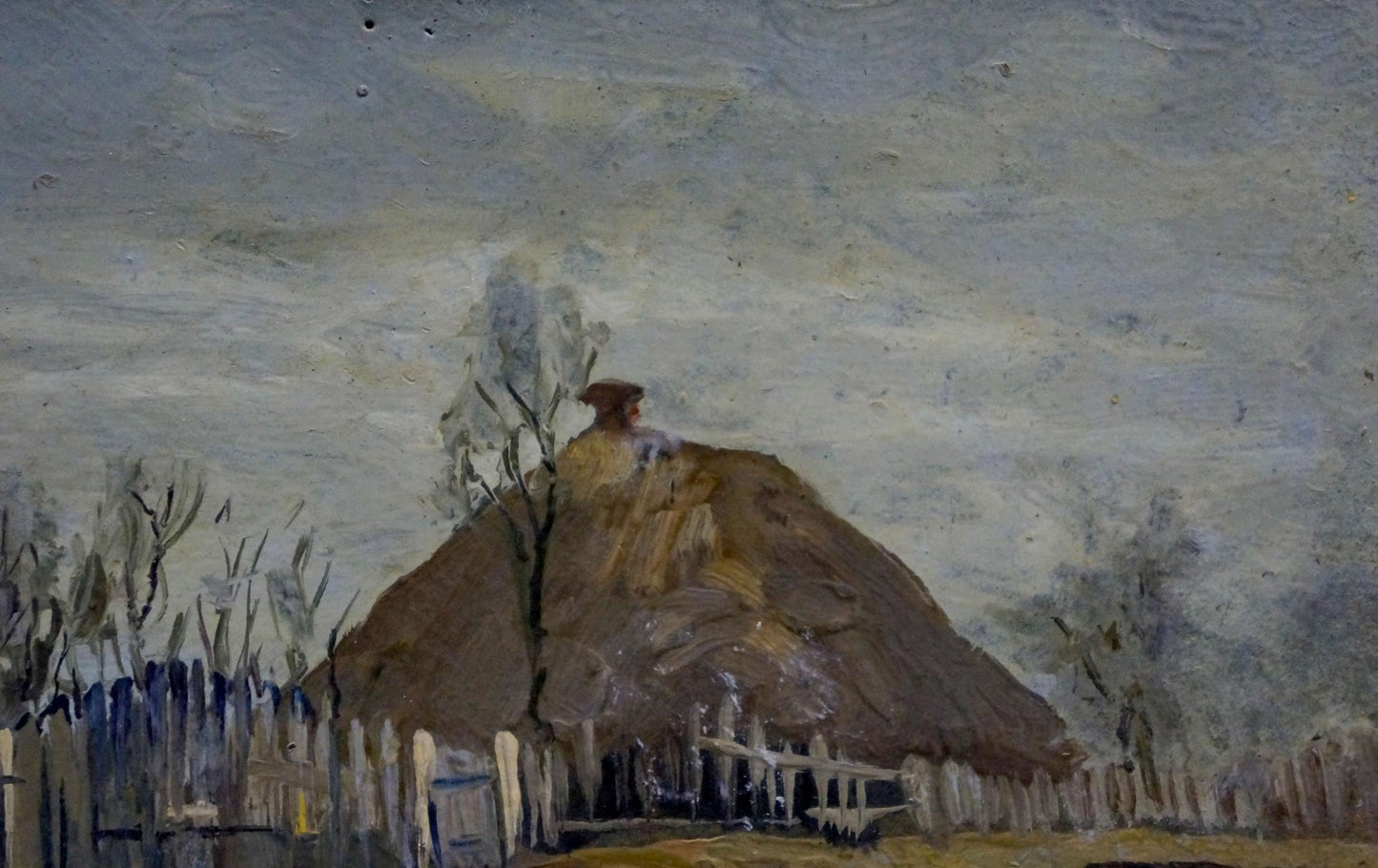 Oil painting of rustic thatched roof hut in winter day scene