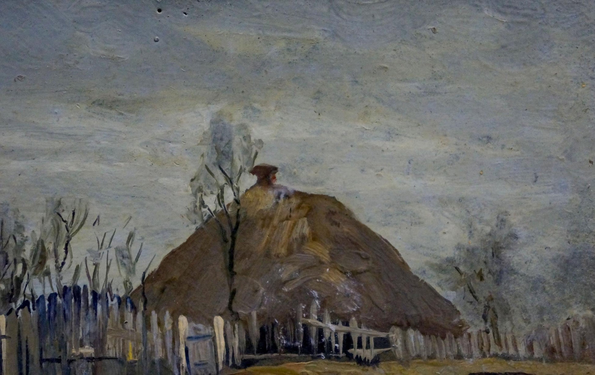 Oil painting of rustic thatched roof hut in winter day scene