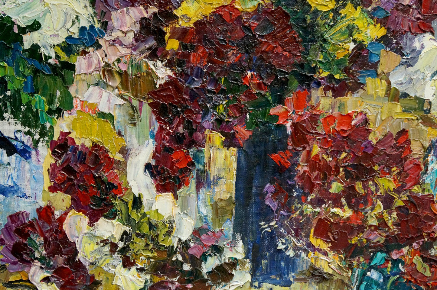 Vibrant oil painting of flowers in reds, yellows, blues by Evgeny Shapovalov