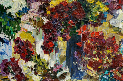 Vibrant oil painting of flowers in reds, yellows, blues by Evgeny Shapovalov