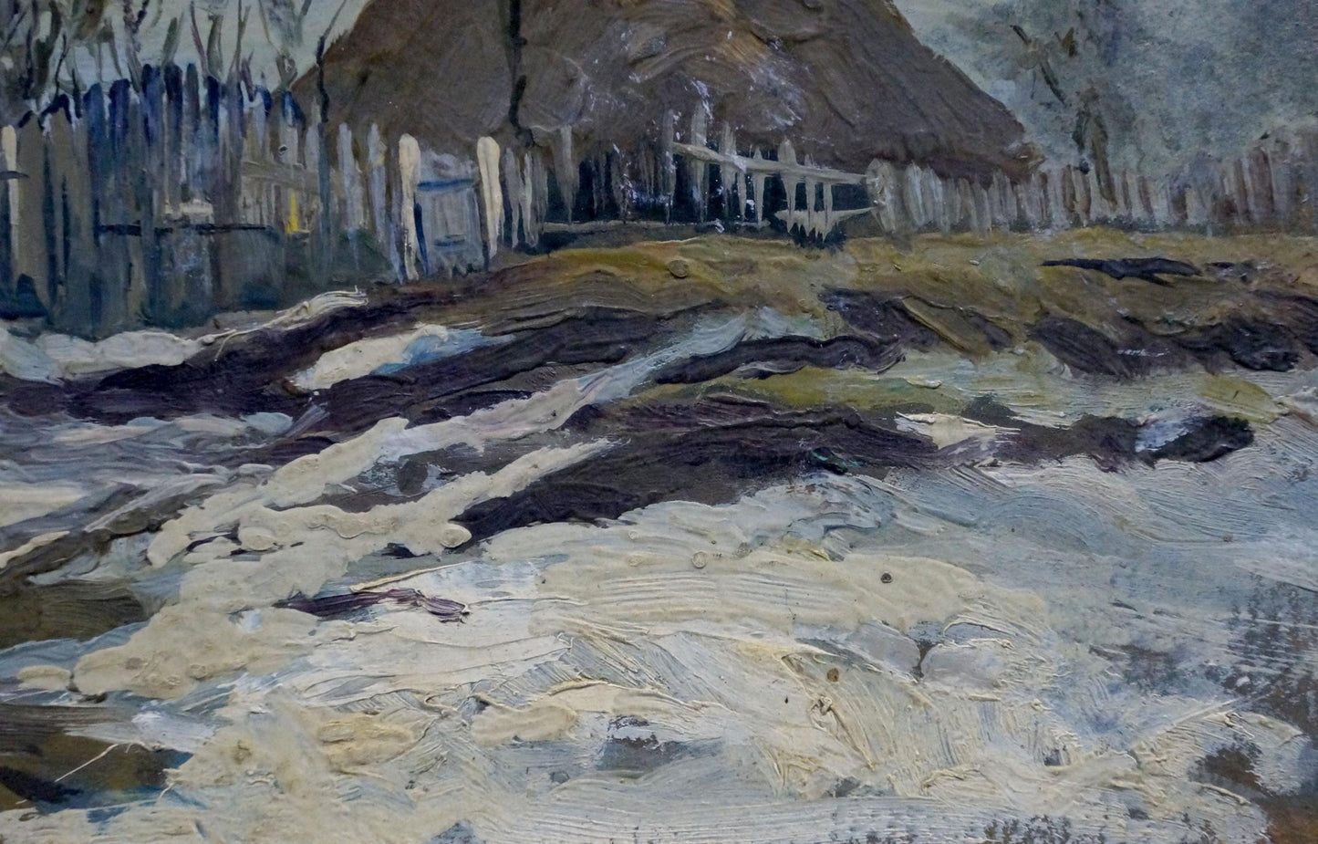 Oil painting of rustic thatched-roof cottage on winter day