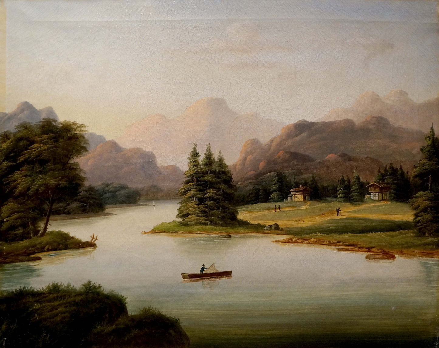 Oil painting Casting Lines on the River serene landscape with river houses mountains