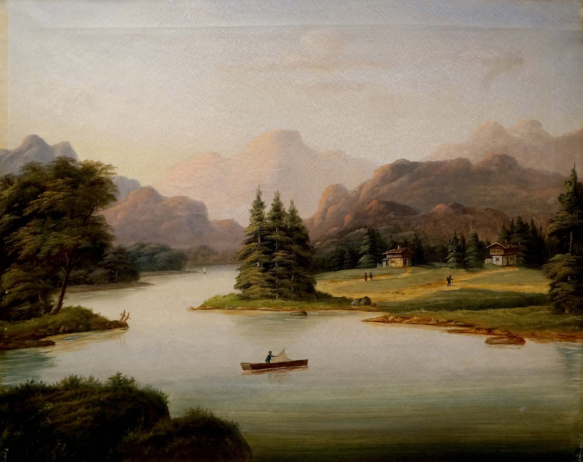 Oil painting Casting Lines on the River serene landscape with river houses mountains