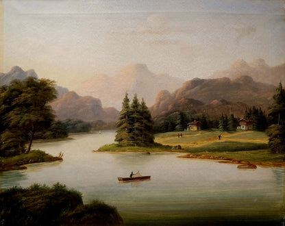 Oil painting Casting Lines on the River serene landscape with river houses mountains
