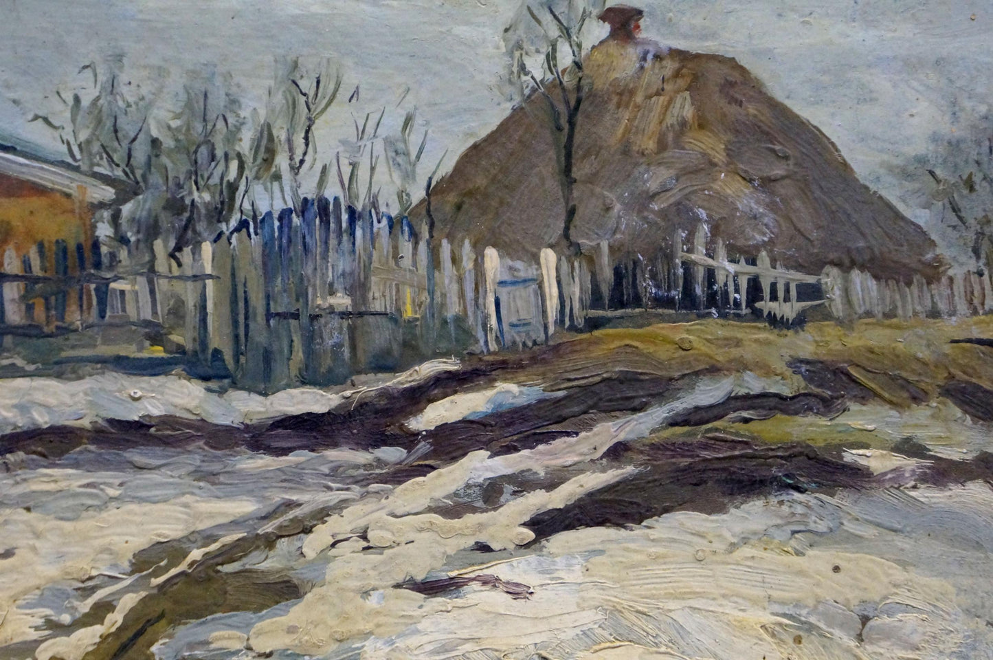 Oil painting Winter day: rustic thatched roof in earthy brown hue