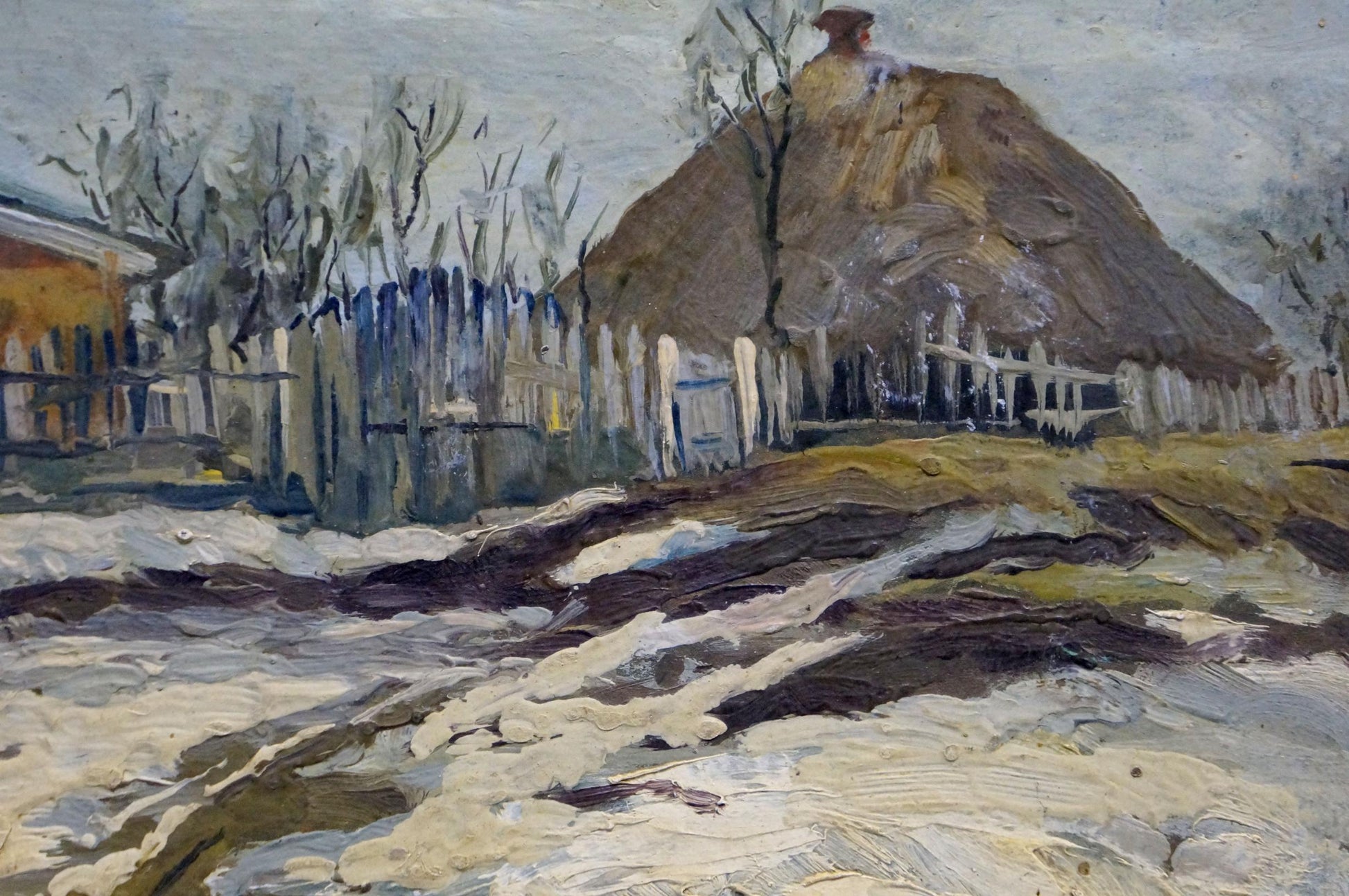 Oil painting Winter day: rustic thatched roof in earthy brown hue