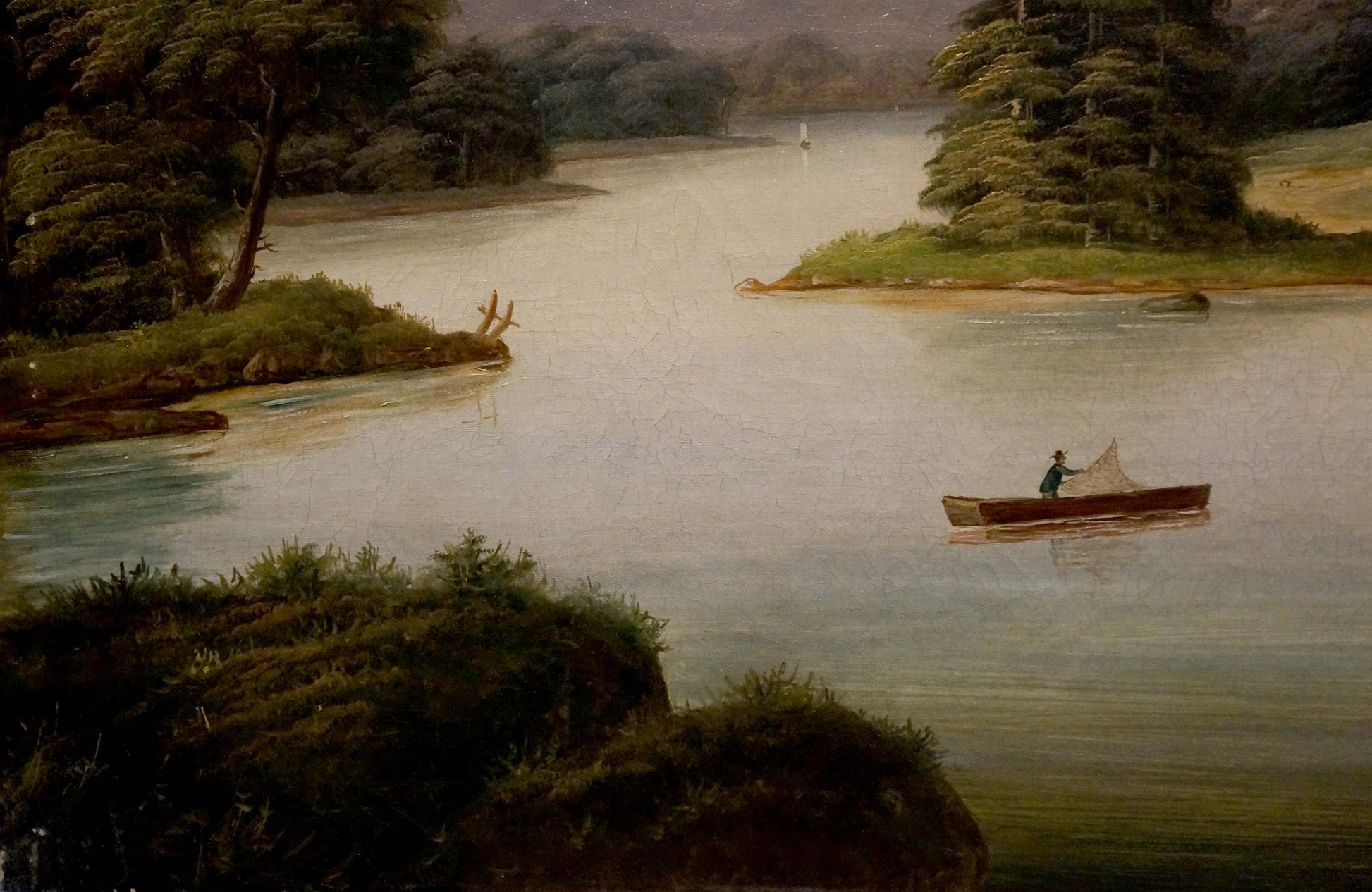 Oil painting Casting Lines on the River: lone fisherman casting net