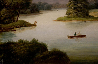 Oil painting Casting Lines on the River: lone fisherman casting net