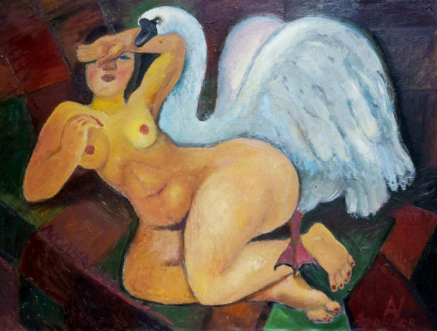 Oil painting by Angel Afanasyev of nude woman with swan in ochre blue tones