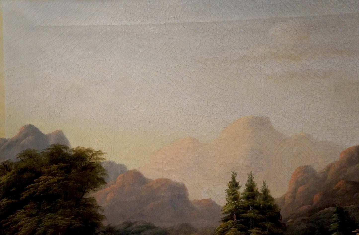 Impressionistic misty mountains and green trees in Oil painting Casting Lines on the River