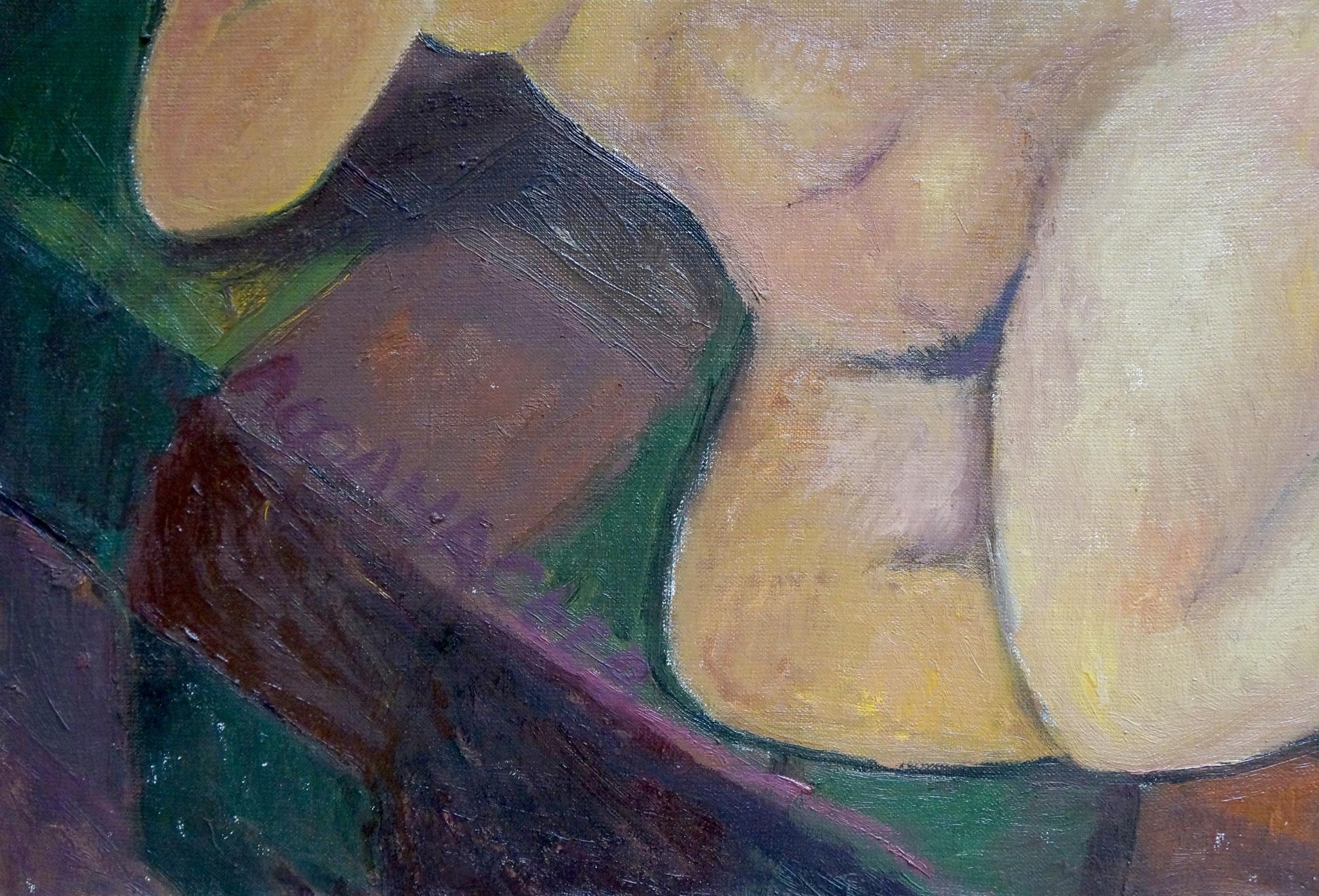 Textured oil painting of reclining nude by Angel Afanasyev, warm tones on green purple background