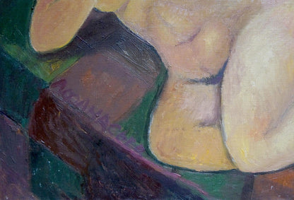Textured oil painting of reclining nude by Angel Afanasyev, warm tones on green purple background
