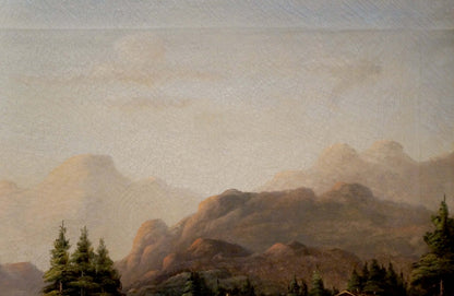 Soft-focus oil painting of misty mountains, evergreens, and river casting lines