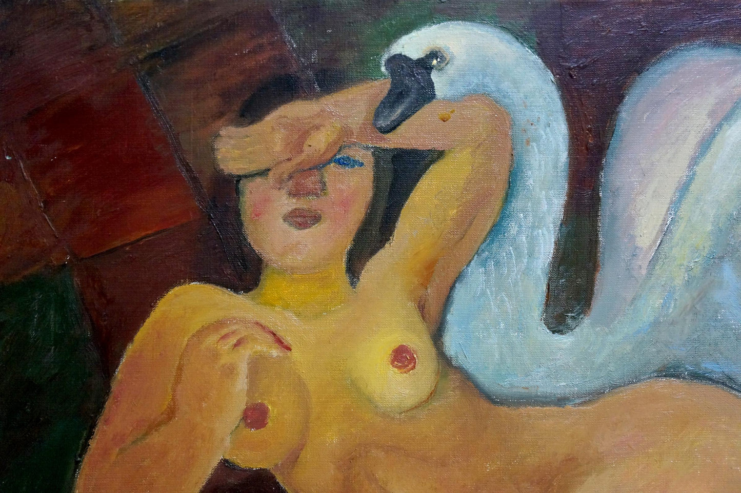 Oil painting by Angel Afanasyev: nude yellow-skinned woman with blue eyes and swan