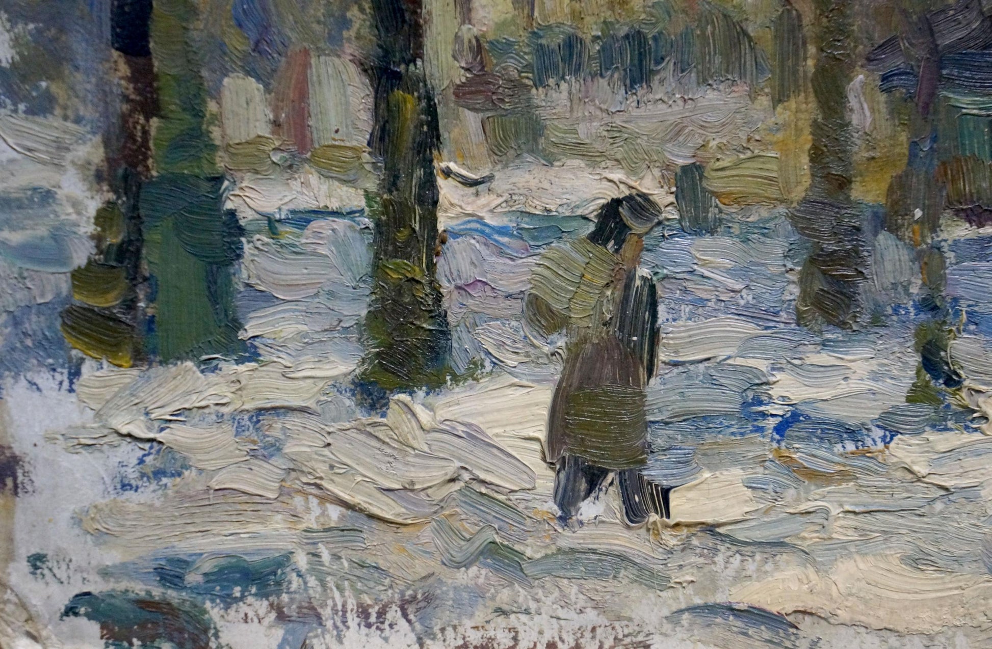 Winter evening oil painting by Migulko Victor Vasilievich: solitary figure in snowy forest