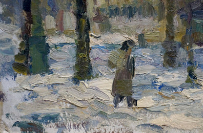 Winter evening oil painting by Migulko Victor Vasilievich: solitary figure in snowy forest