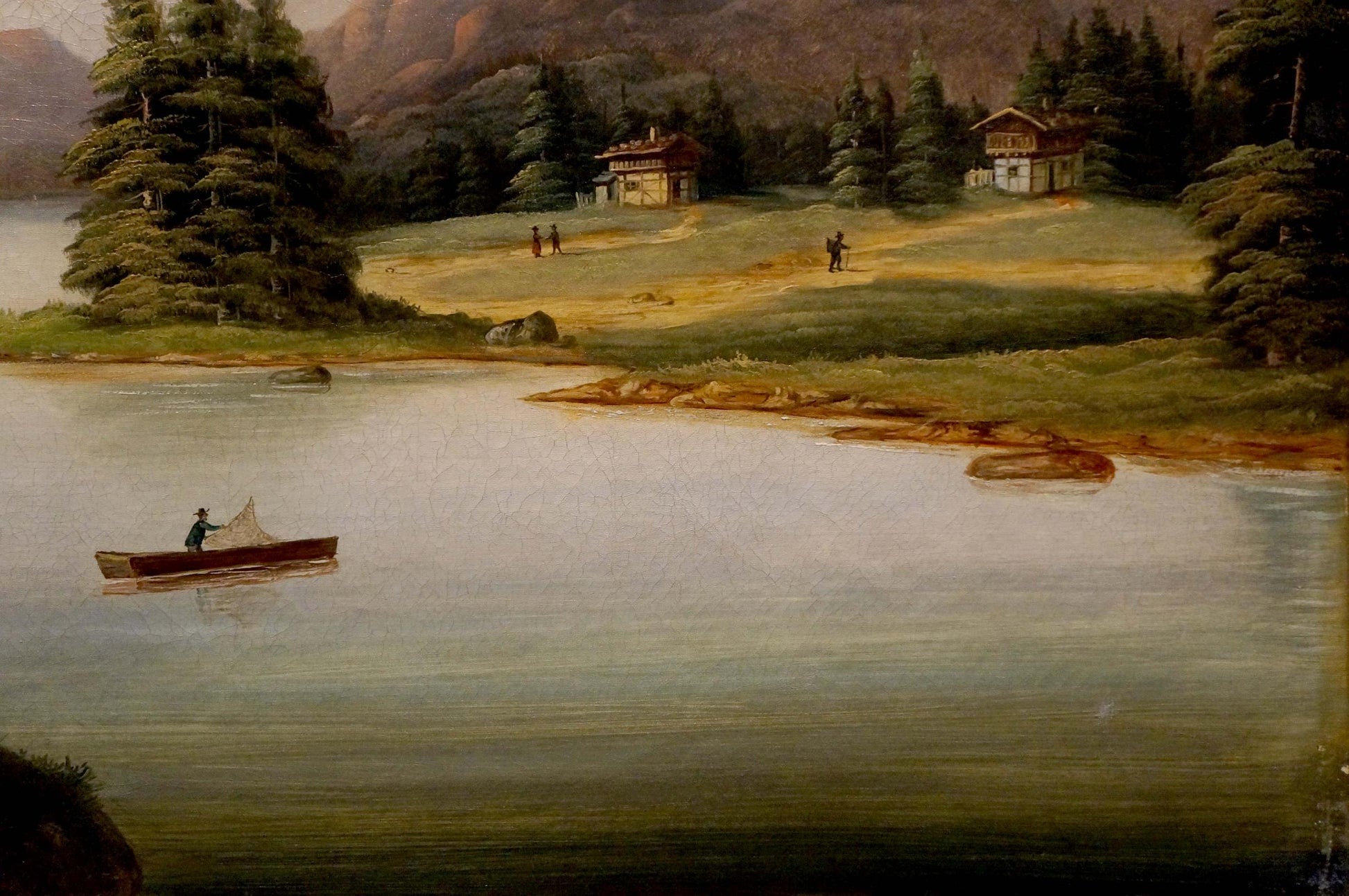 Oil painting of Casting Lines on the River: rowboat casting net on calm waters