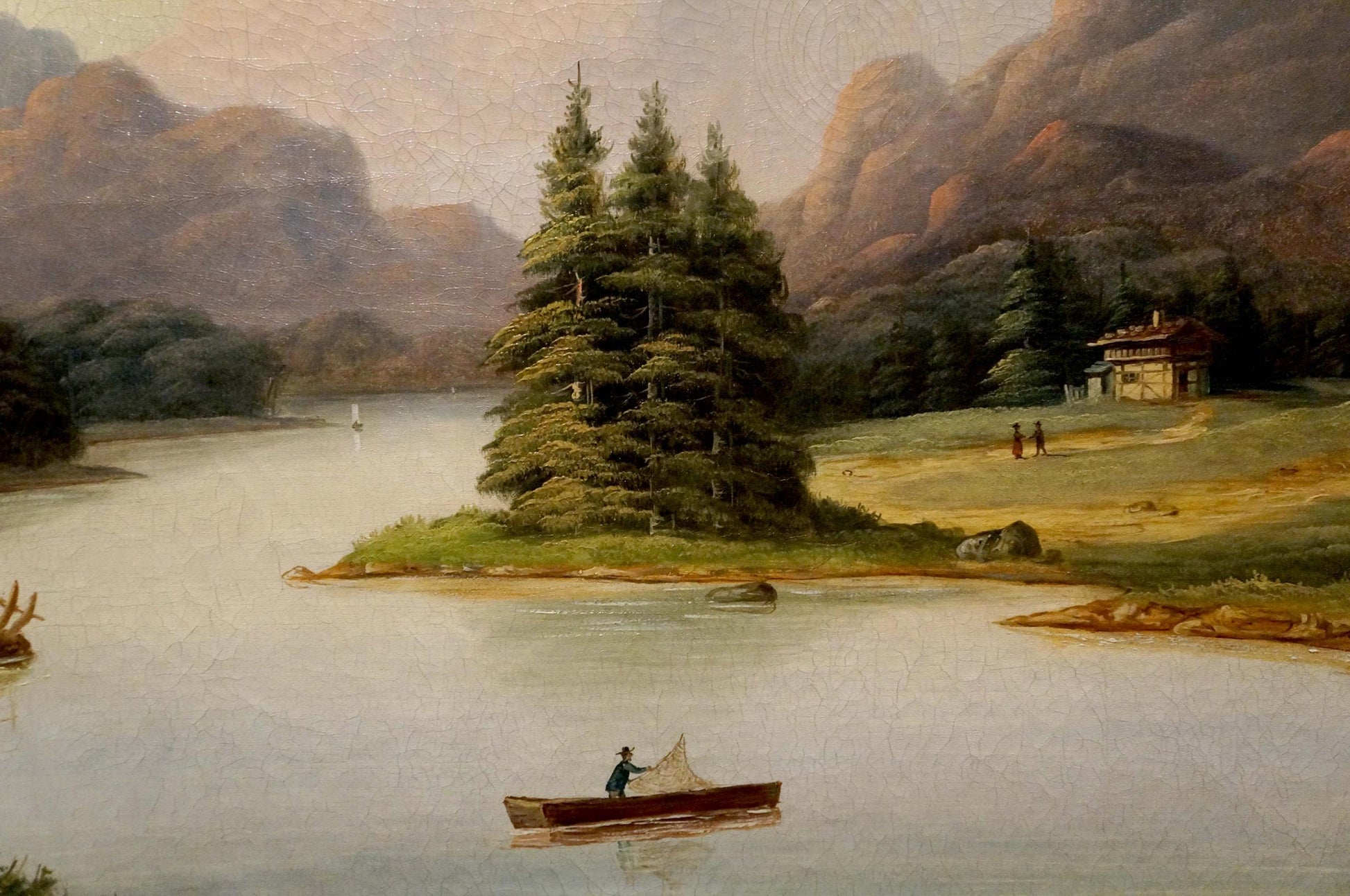 Serene oil painting of lone fisherman casting lines on calm river with trees and mountains