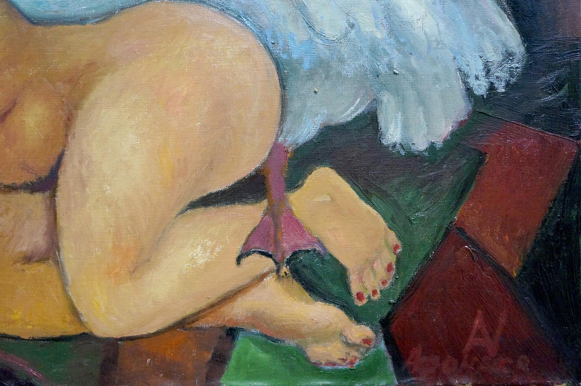 Oil painting by Angel Afanasyev of nude lower body with purple thong