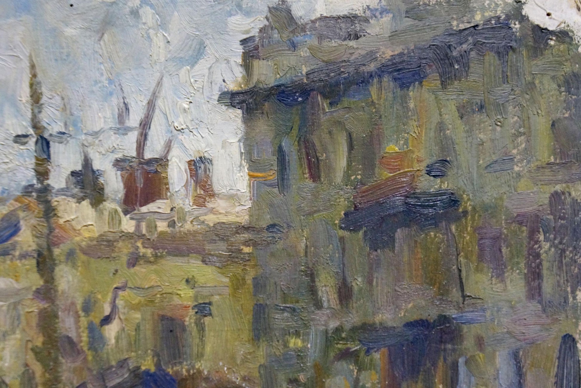 Impressionistic oil painting of Migulko Victor Vasilieviches winter evening coastal village
