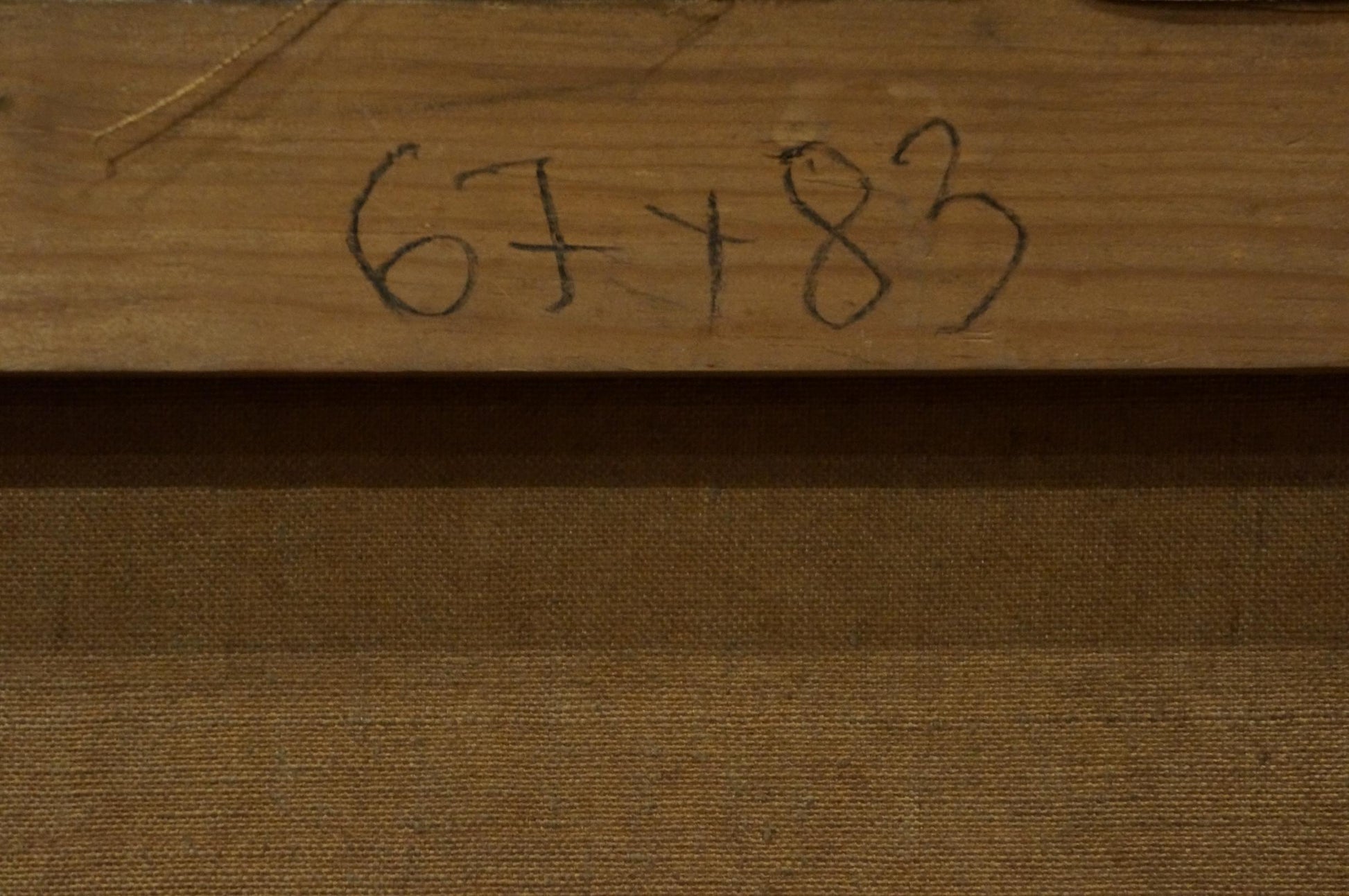 Back of oil painting Casting Lines on the River with 67+83 inscription on wooden frame